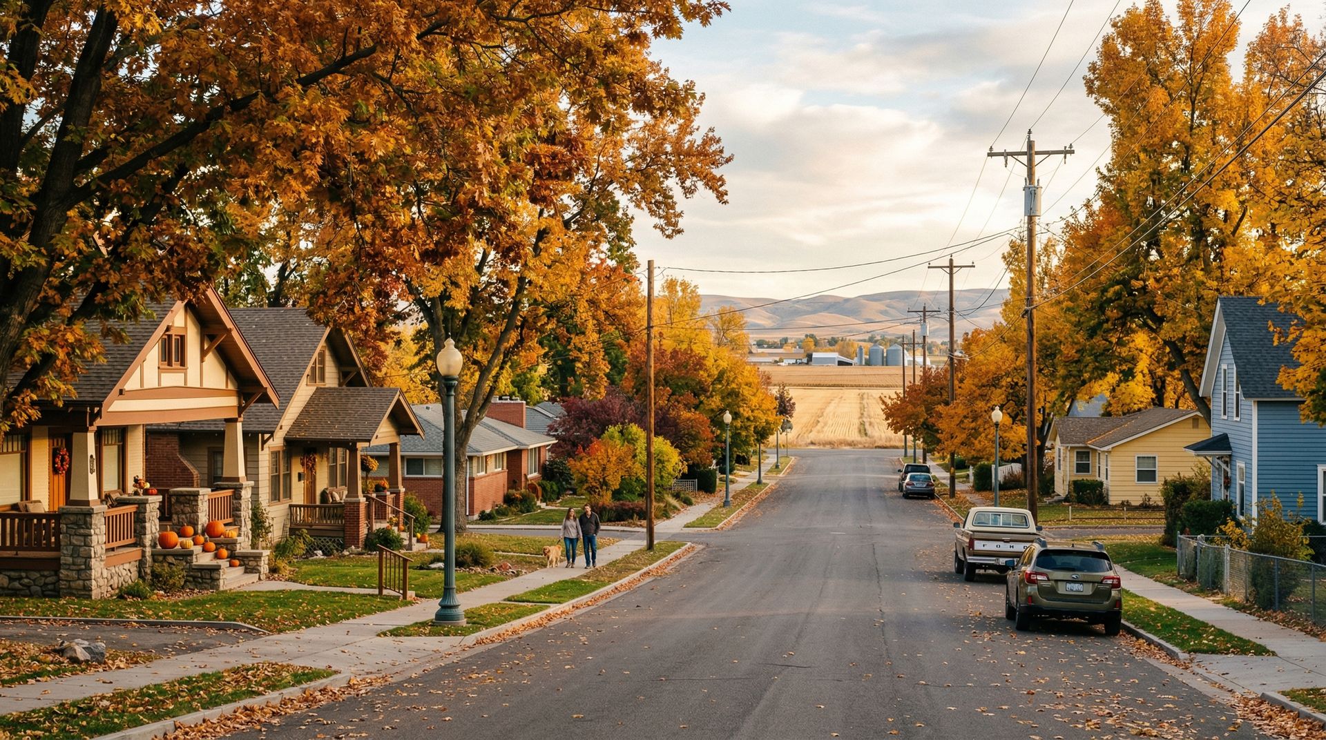 Tree-lined residential street in Caldwell, Idaho during autumn