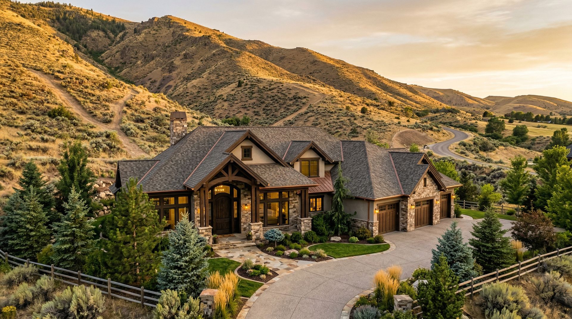 Upscale custom home in Eagle, Idaho against the Boise Foothills