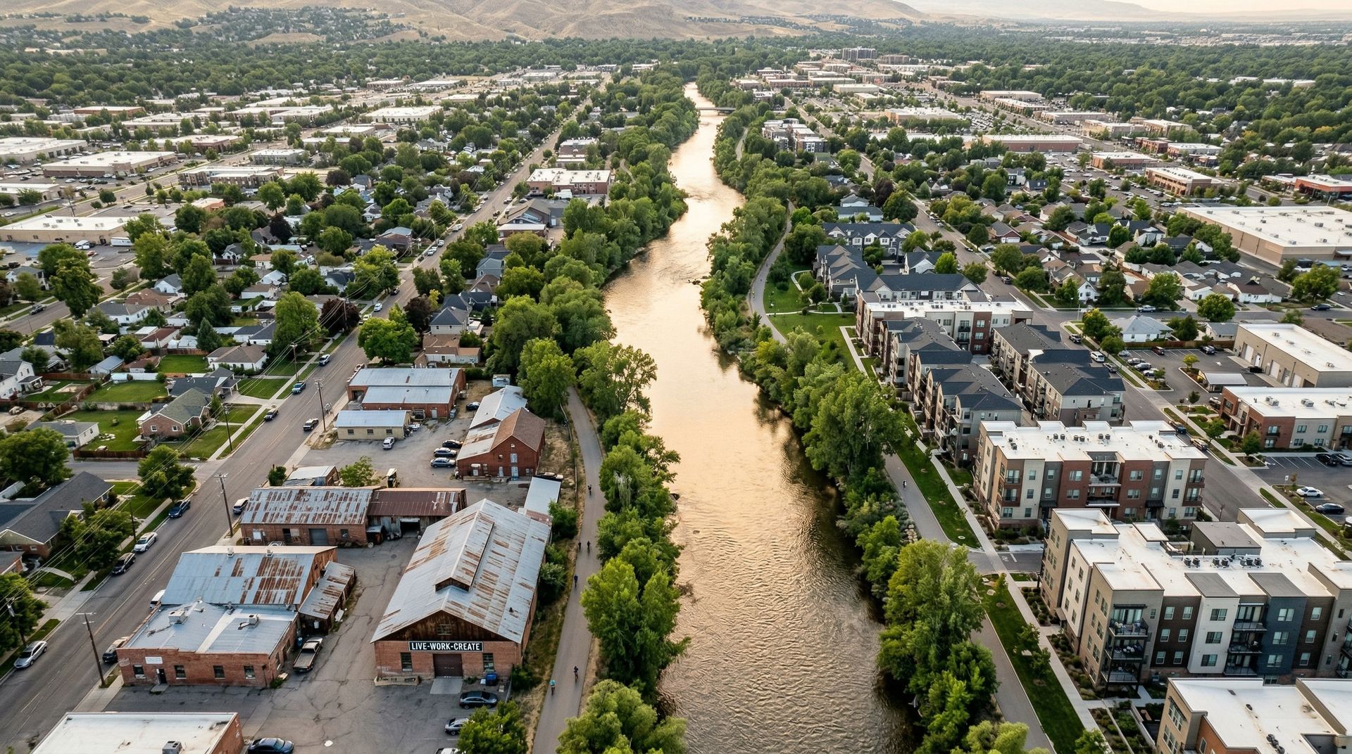 Aerial view of Garden City, Idaho along the Boise River corridor