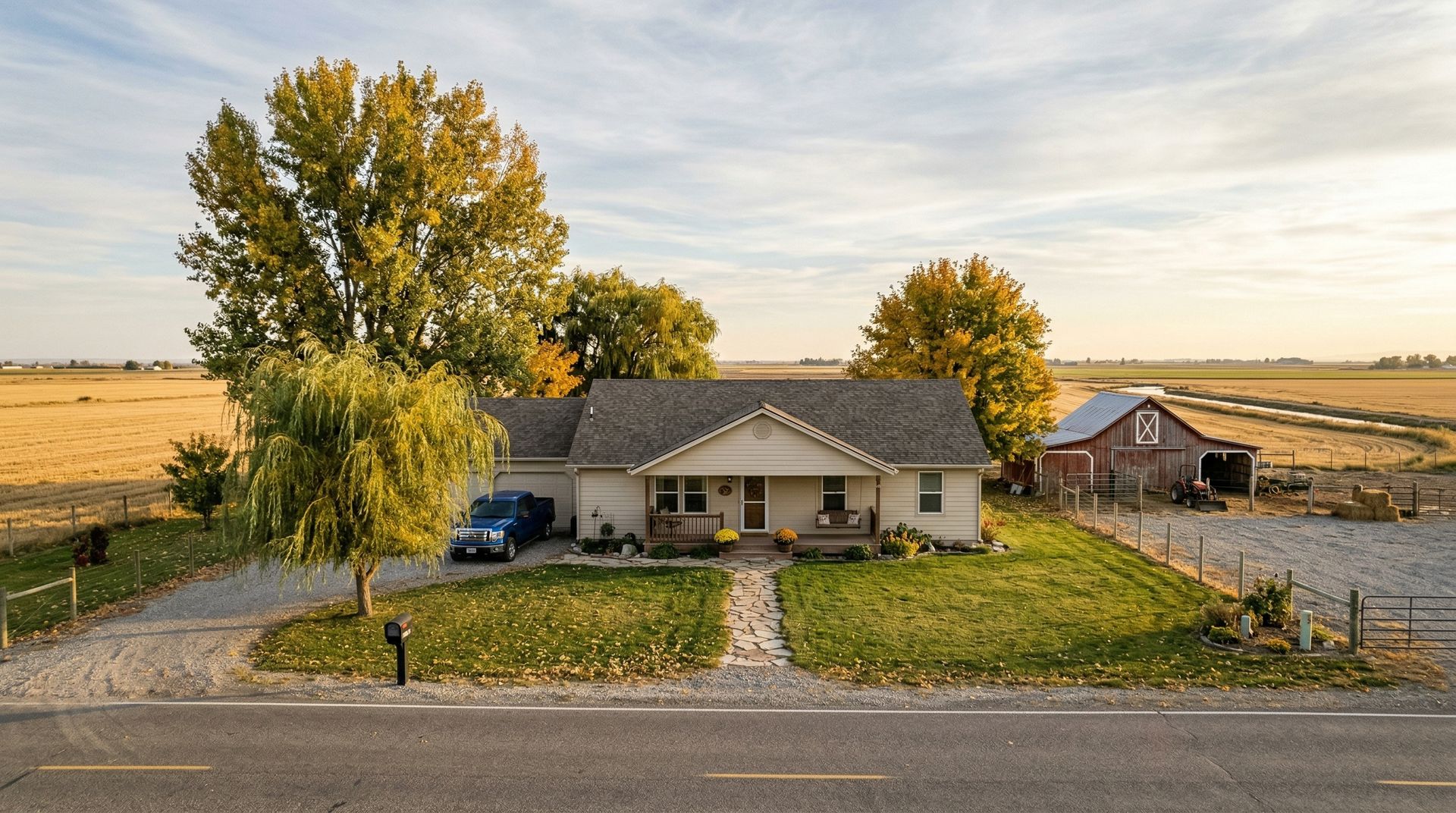Rural residential scene in Middleton, Idaho with agricultural fields