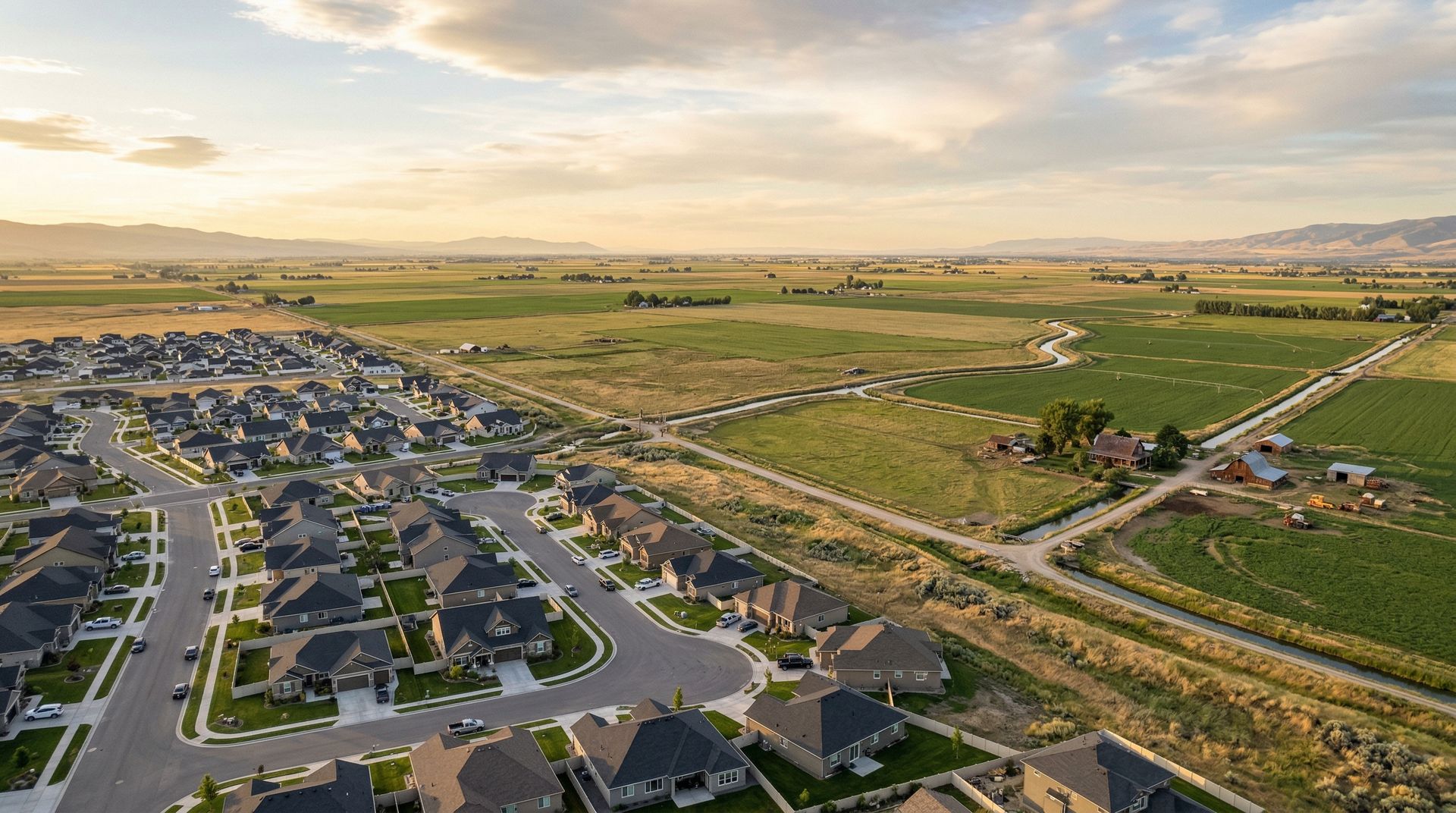 Aerial view of Star, Idaho showing new development and open farmland